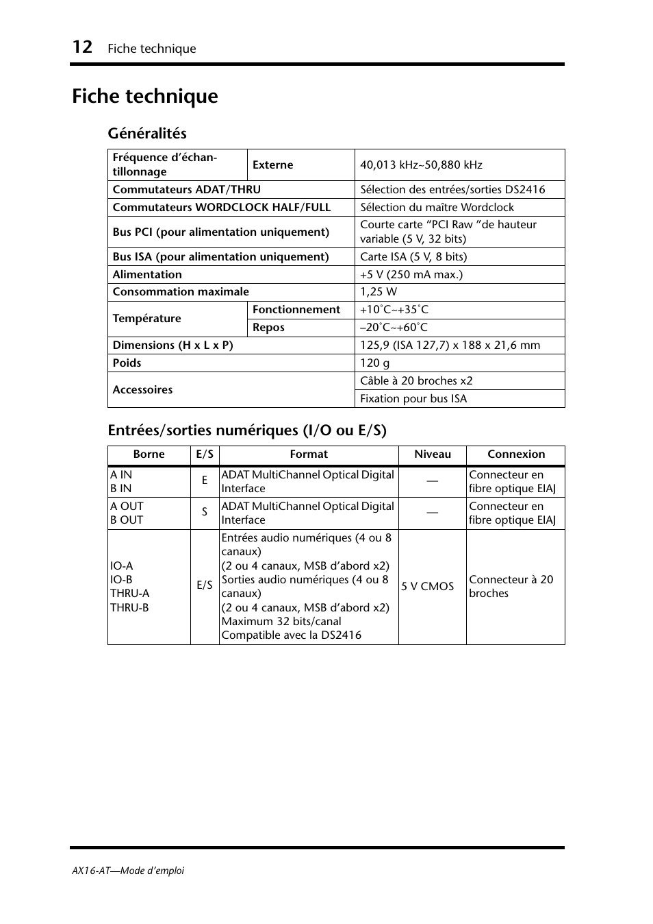 Fiche technique | Yamaha AX16-AT User Manual | Page 25 / 65