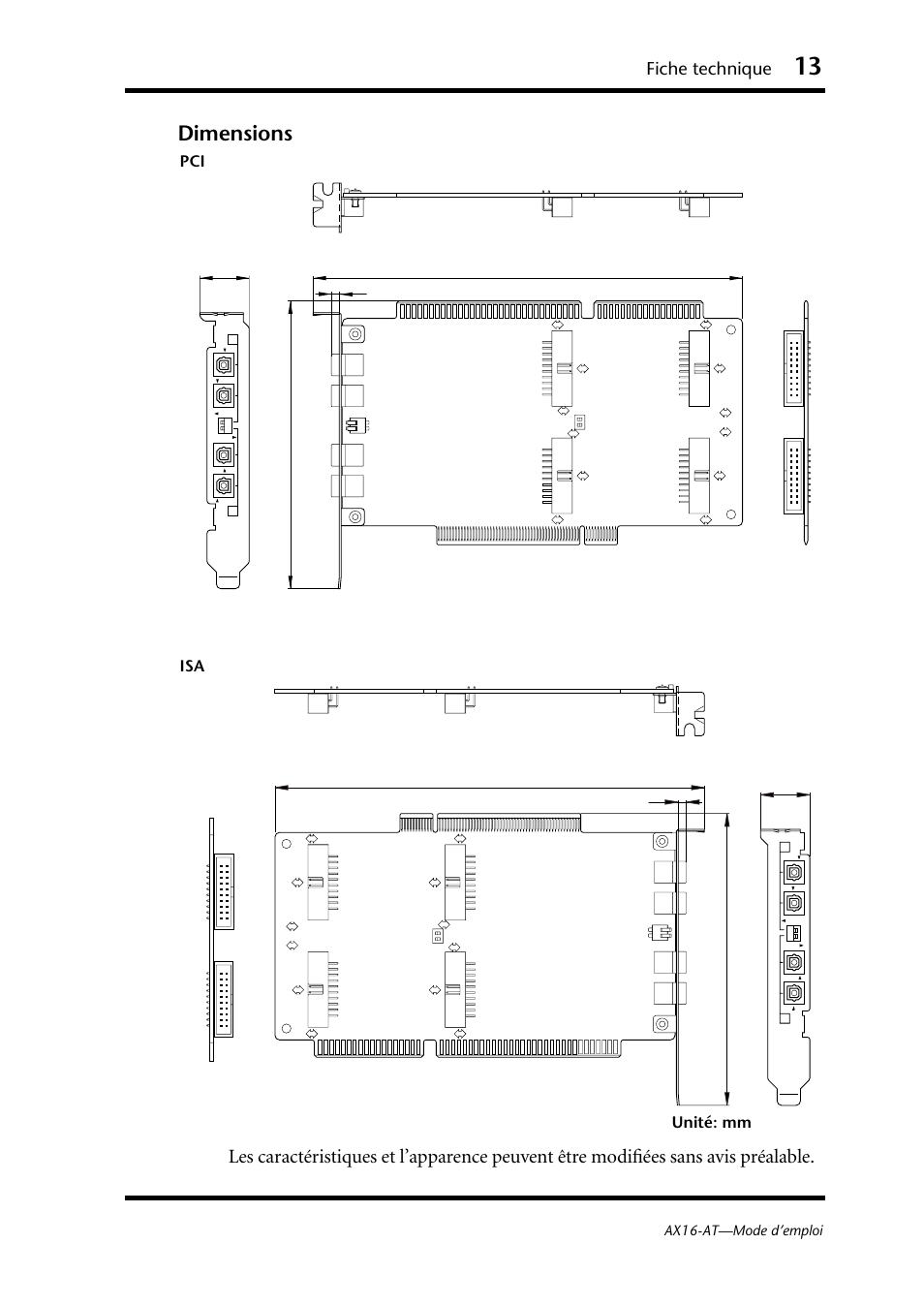 Dimensions, Fiche technique, Unité: mm pci isa | Ax16-at—mode d’emploi | Yamaha AX16-AT User Manual | Page 26 / 65