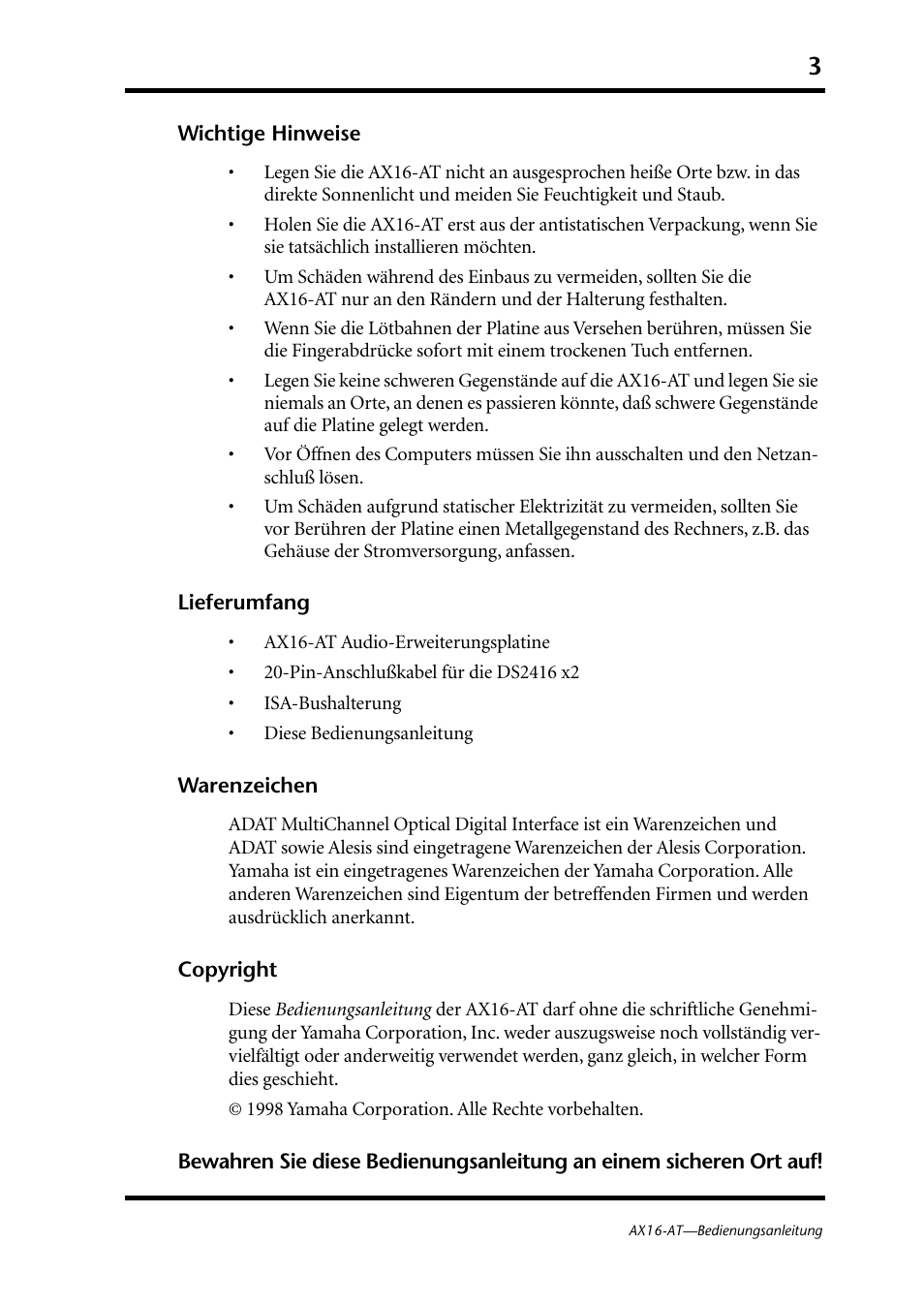 Wichtige hinweise | Yamaha AX16-AT User Manual | Page 29 / 65