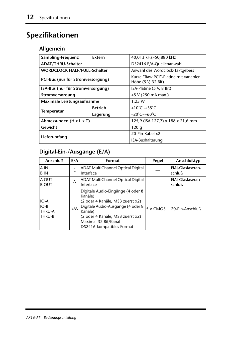 Spezifikationen, Allgemein digital-ein-/ausgänge (e/a) | Yamaha AX16-AT User Manual | Page 38 / 65