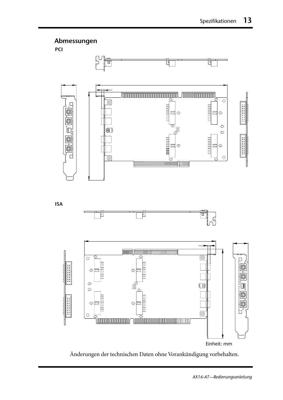 Abmessungen, Spezifikationen, Einheit: mm pci isa | Ax16-at—bedienungsanleitung | Yamaha AX16-AT User Manual | Page 39 / 65