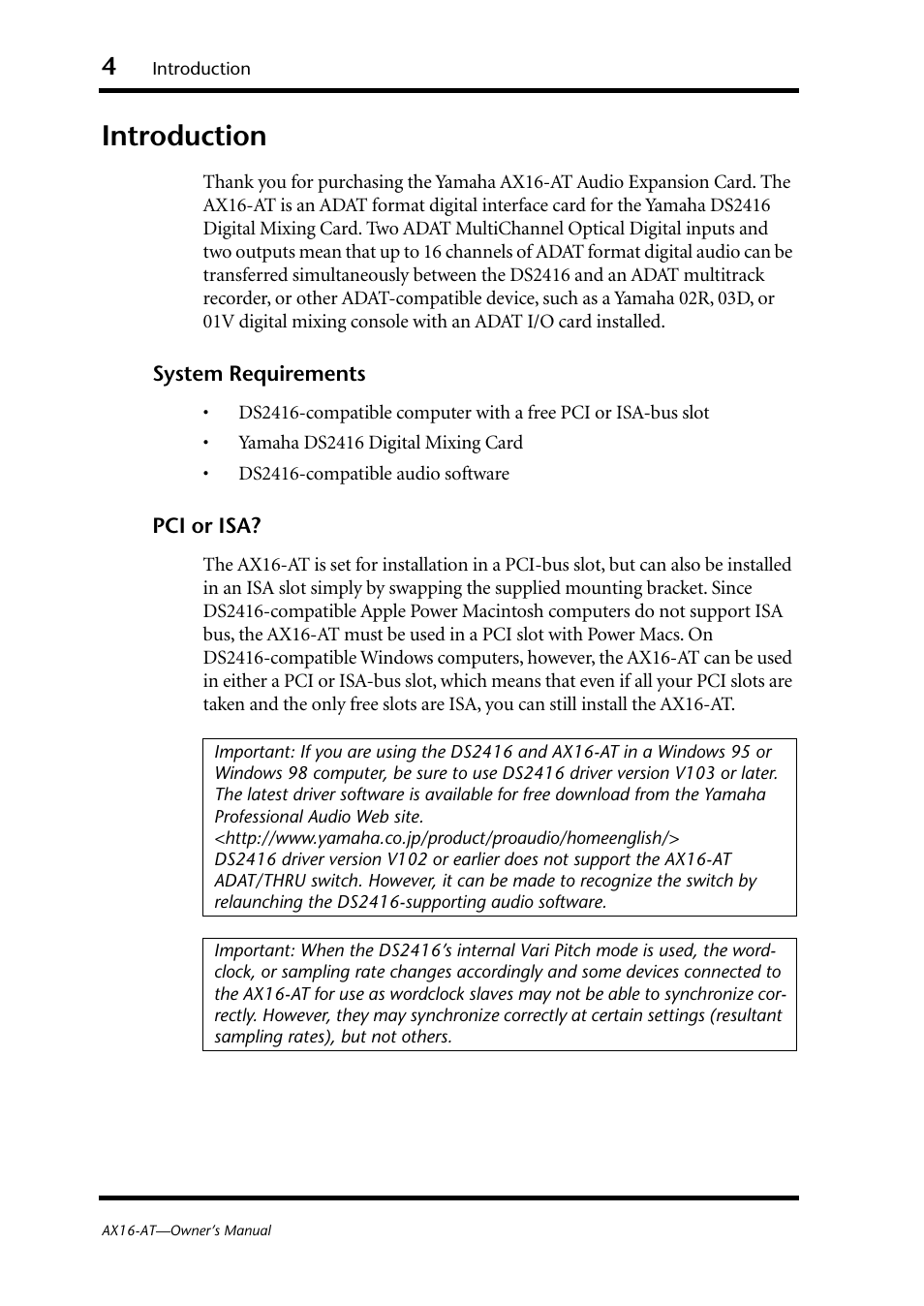 Introduction | Yamaha AX16-AT User Manual | Page 4 / 65
