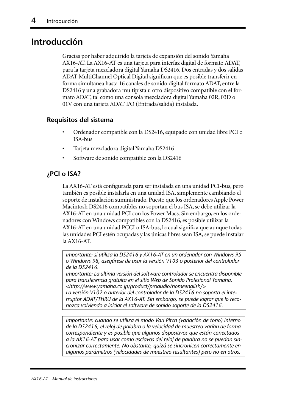 Introducción, Requisitos del sistema ¿pci o isa | Yamaha AX16-AT User Manual | Page 43 / 65