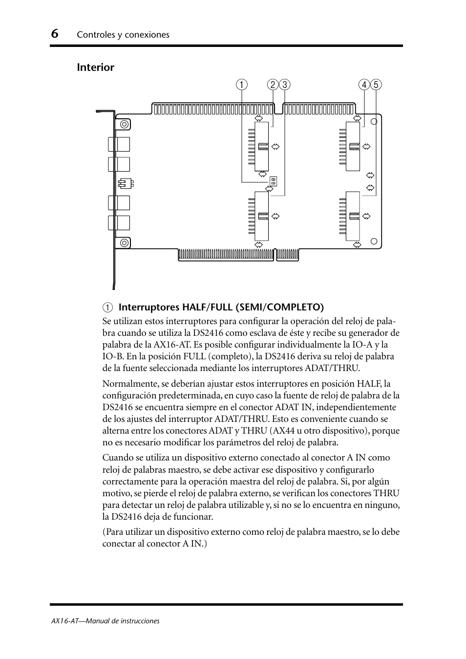 Interior, Interior a, Controles y conexiones | Instalación en pci) | Yamaha AX16-AT User Manual | Page 45 / 65