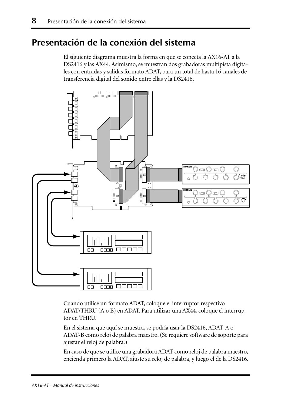 Presentación de la conexión del sistema, Ax44-a, Ax44-b | Adat-b adat-a, Ax16-at—manual de instrucciones | Yamaha AX16-AT User Manual | Page 47 / 65