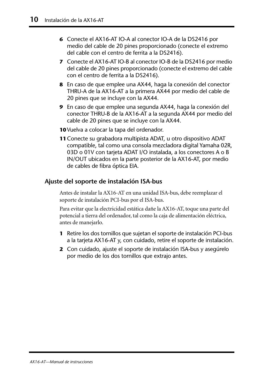 Ajuste del soporte de instalación isa-bus | Yamaha AX16-AT User Manual | Page 49 / 65