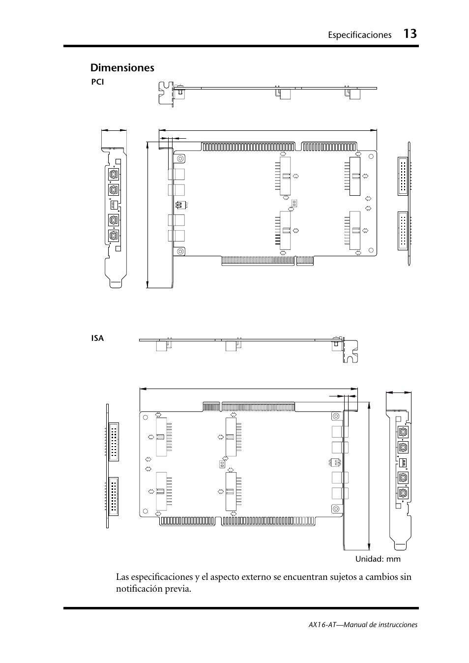 Dimensiones, Especificaciones, Unidad: mm pci isa | Ax16-at—manual de instrucciones | Yamaha AX16-AT User Manual | Page 52 / 65