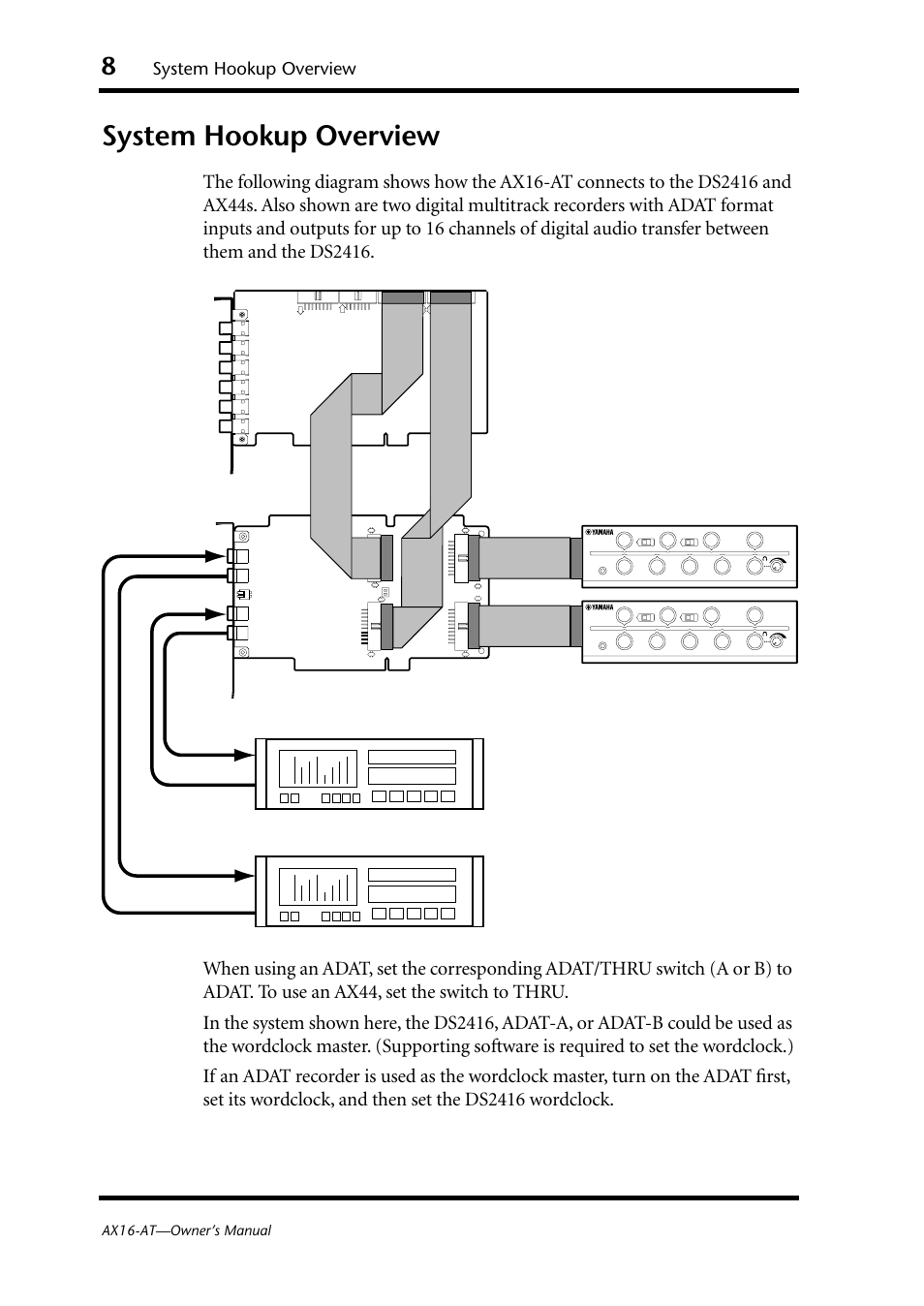 System hookup overview, Ax44-a, Ax44-b | Adat-b adat-a, Ax16-at—owner’s manual | Yamaha AX16-AT User Manual | Page 8 / 65