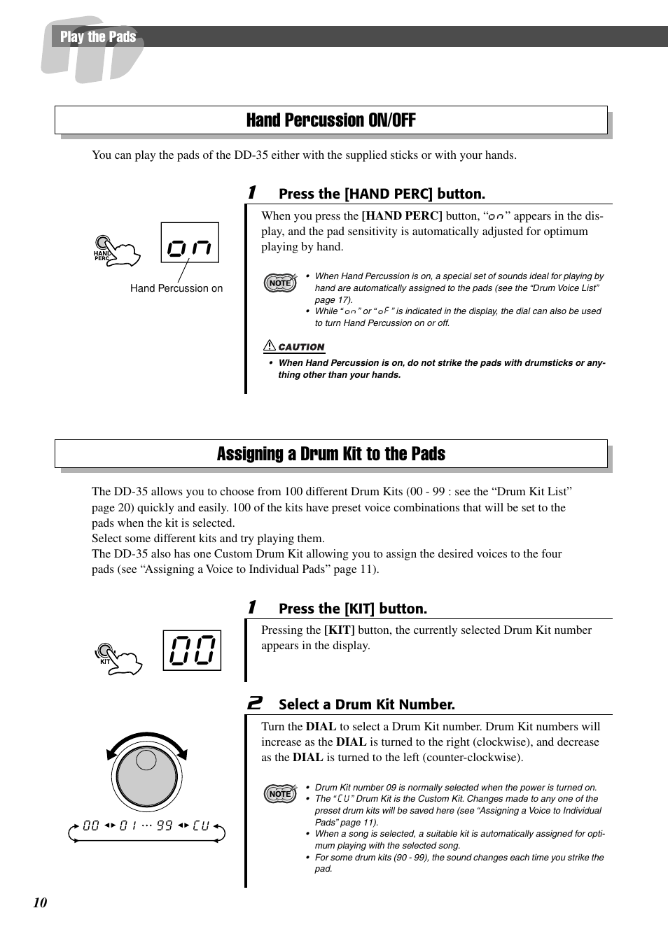 Hand percussion on/off, Assigning a drum kit to the pads | Yamaha DD-35 User Manual | Page 10 / 24