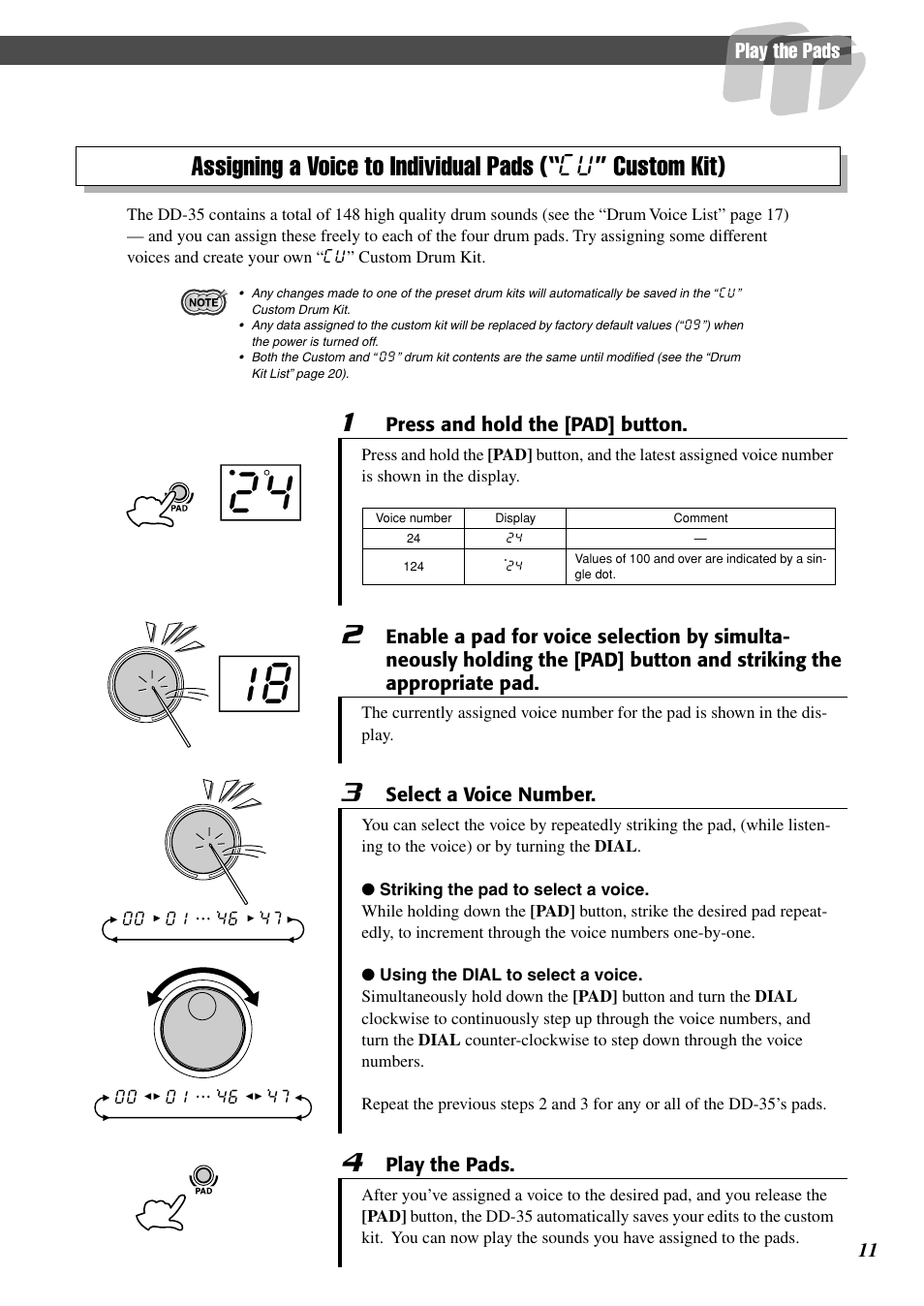 Assigning a voice to individual pads, Custom kit) | Yamaha DD-35 User Manual | Page 11 / 24