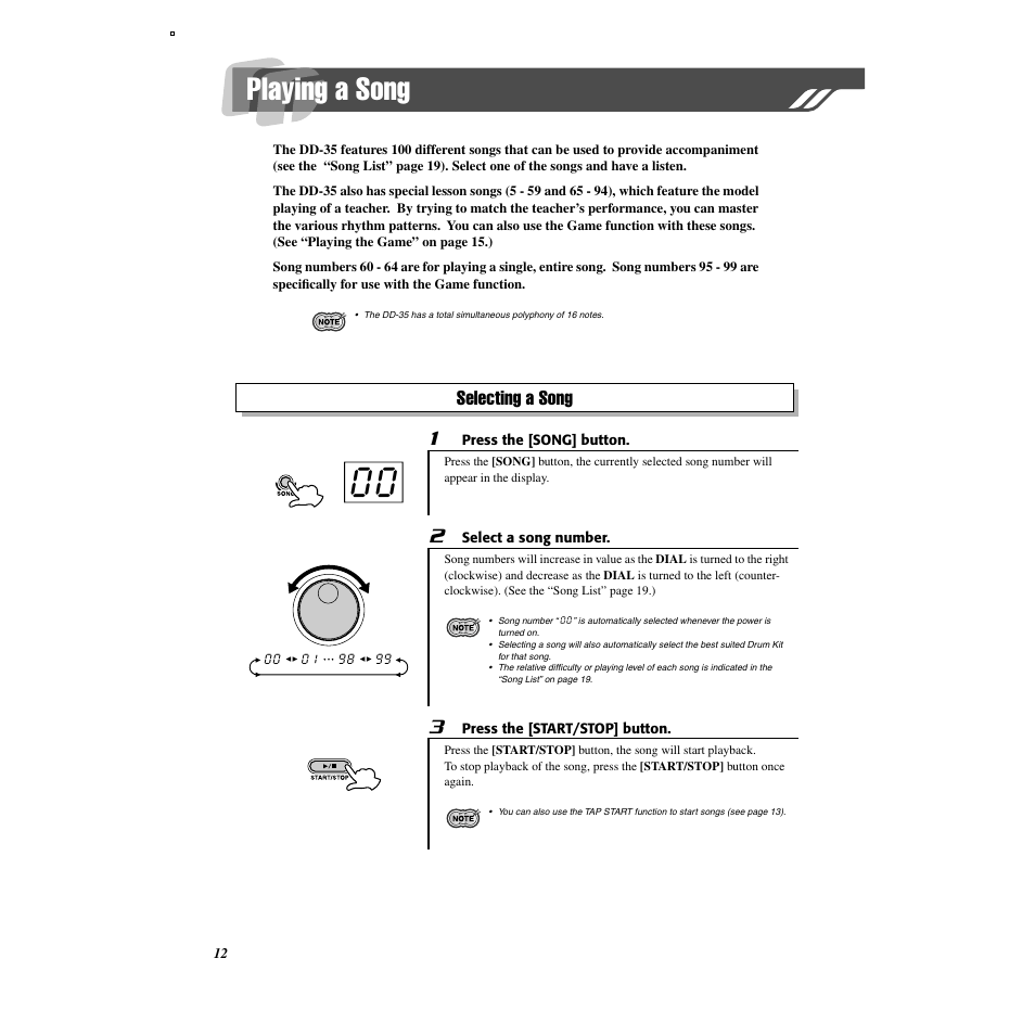 Playing a song, Selecting a song | Yamaha DD-35 User Manual | Page 12 / 24