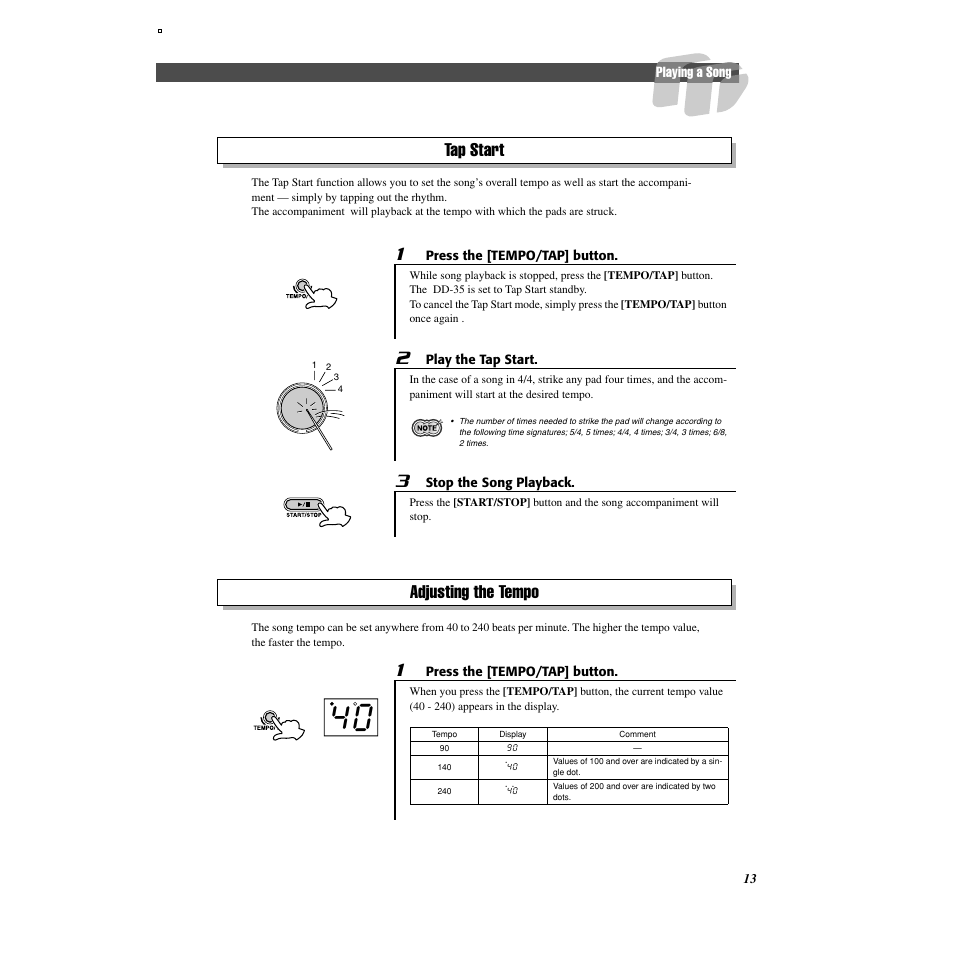 Tap start, Adjusting the tempo | Yamaha DD-35 User Manual | Page 13 / 24