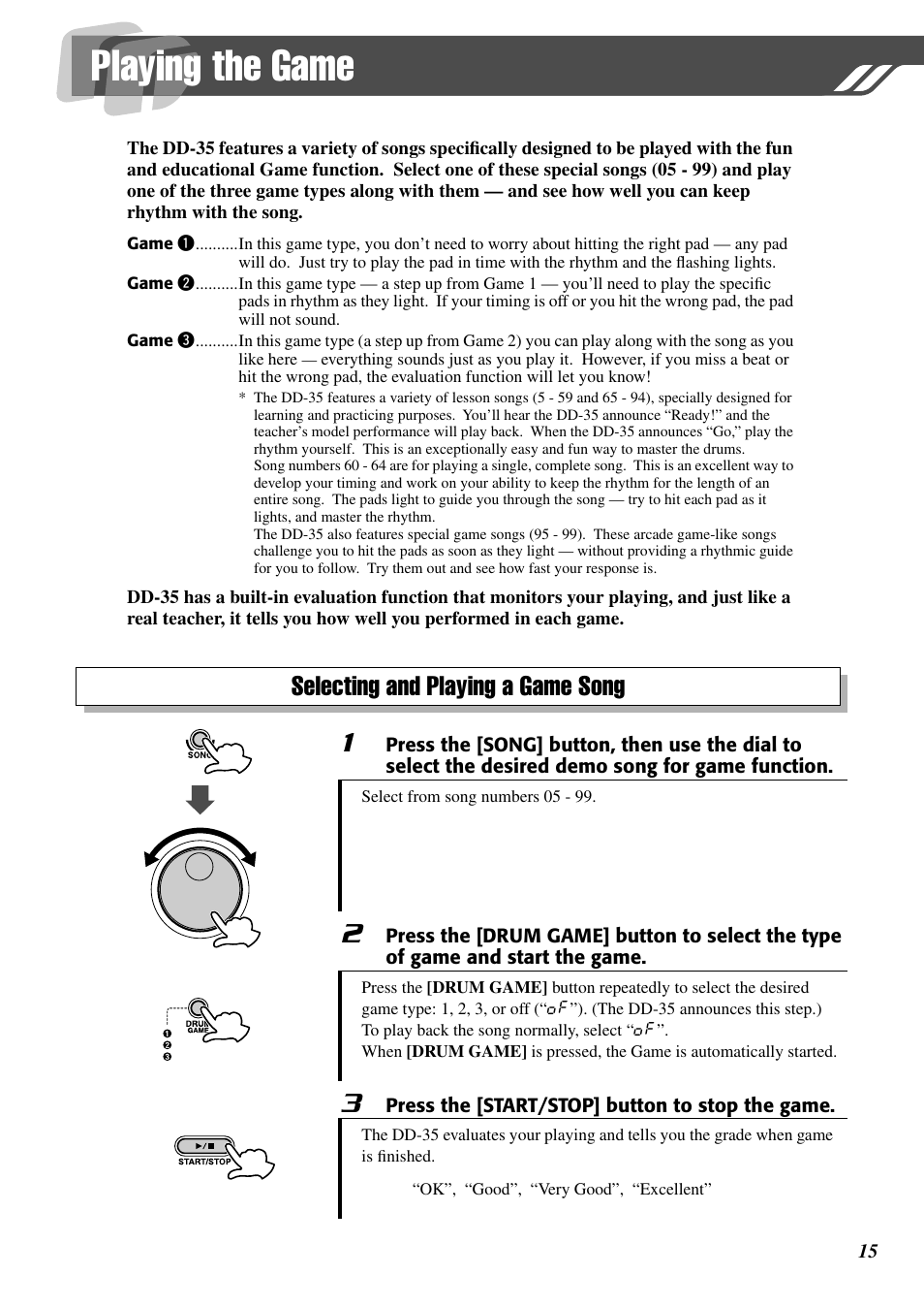 Playing the game, Selecting and playing a game song | Yamaha DD-35 User Manual | Page 15 / 24