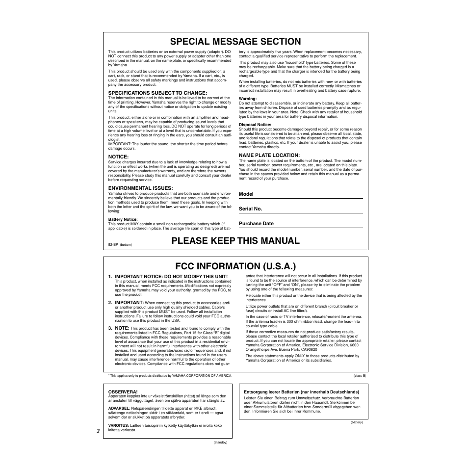 Please keep this manual, Fcc information (u.s.a.) | Yamaha DD-35 User Manual | Page 2 / 24