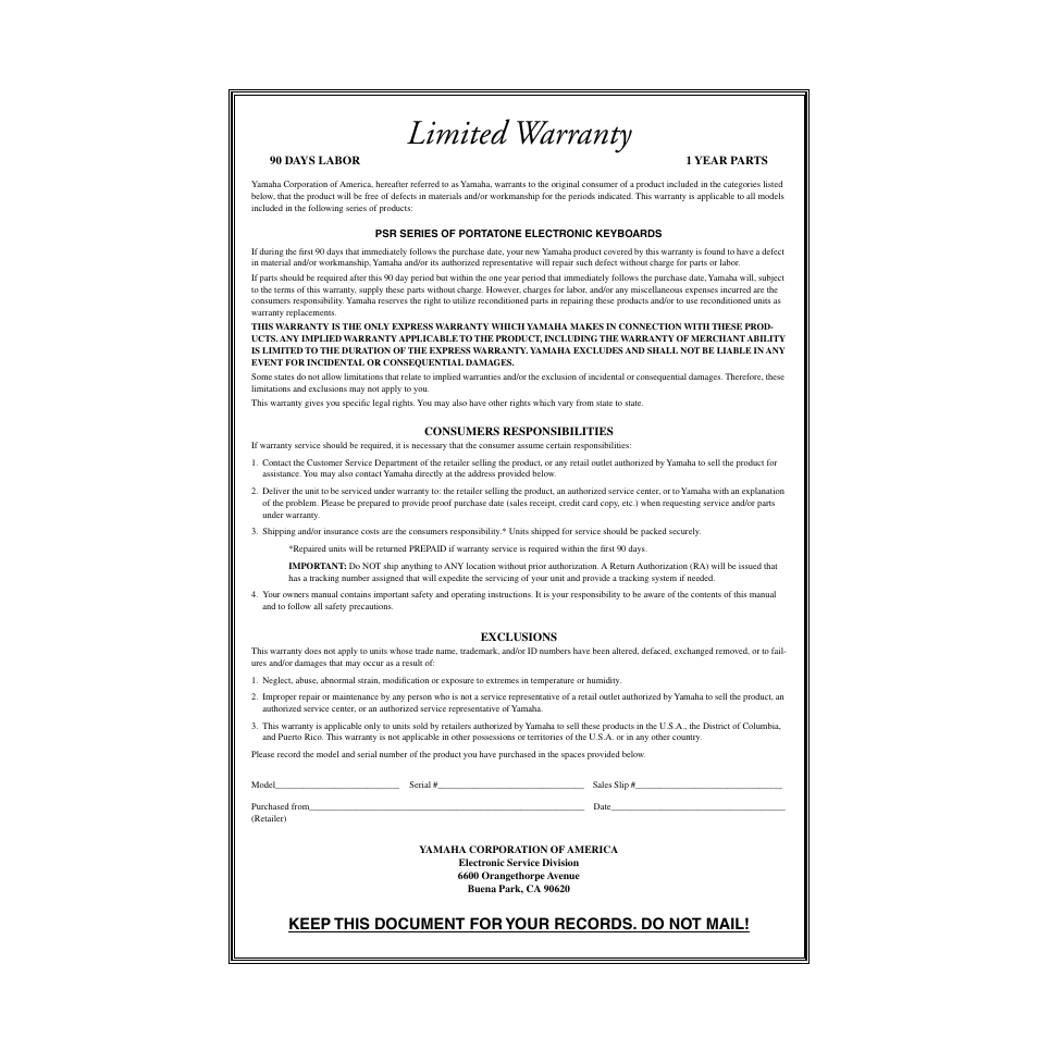 Limited warranty, Keep this document for your records. do not mail | Yamaha DD-35 User Manual | Page 23 / 24