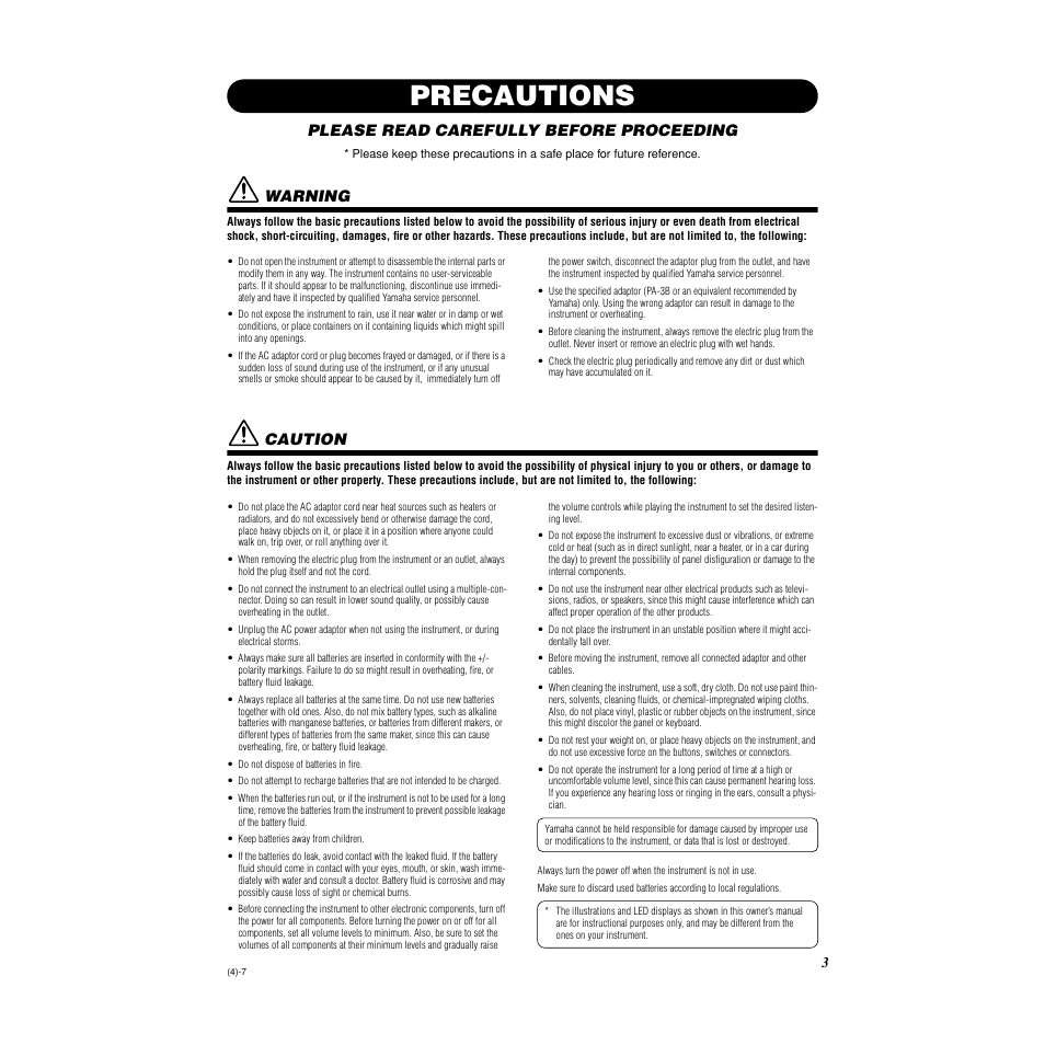 Precautions, Please read carefully before proceeding, Warning | Caution | Yamaha DD-35 User Manual | Page 3 / 24
