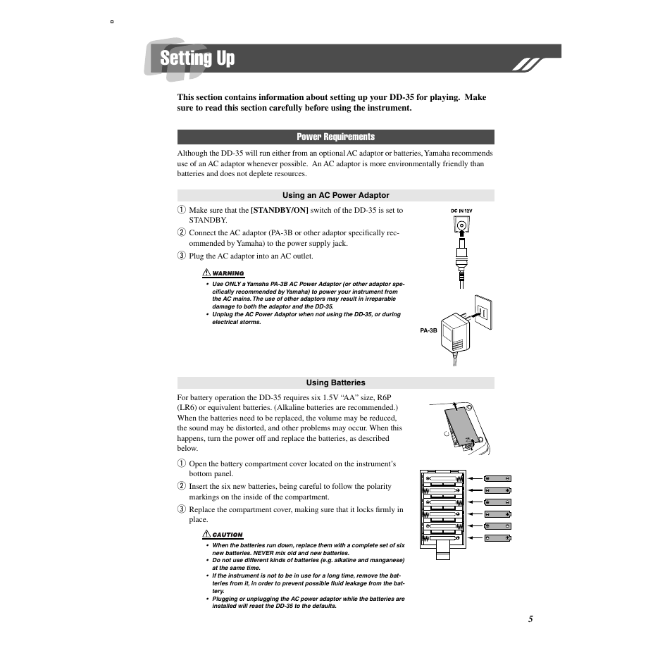Setting up, Power requirements | Yamaha DD-35 User Manual | Page 5 / 24