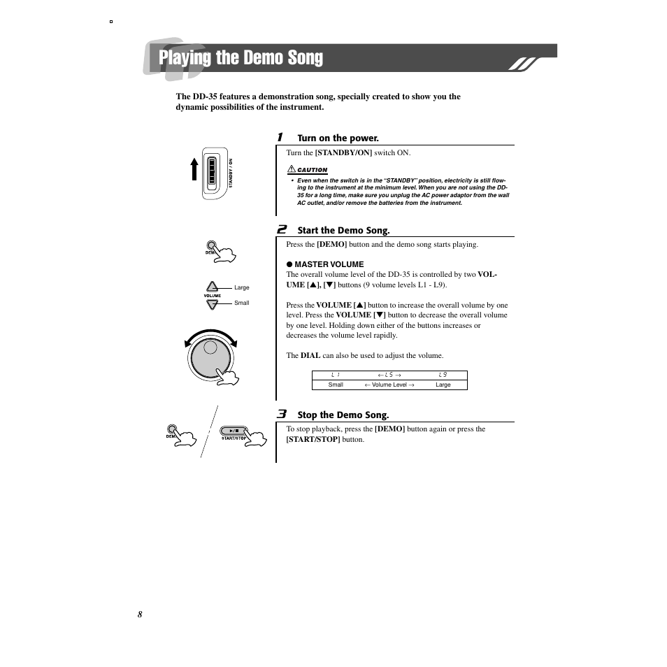 Playing the demo song | Yamaha DD-35 User Manual | Page 8 / 24