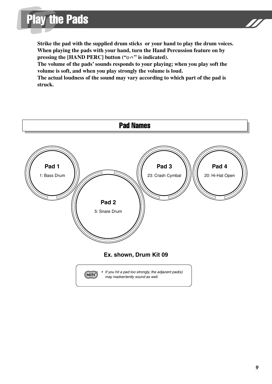 Play the pads, Pad names | Yamaha DD-35 User Manual | Page 9 / 24