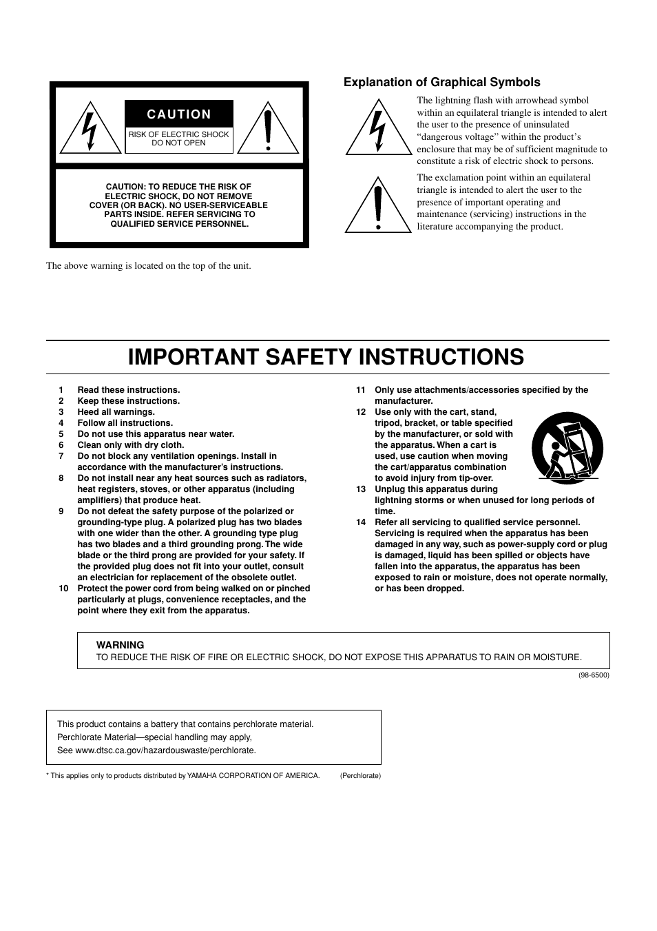 Important safety instructions, Explanation of graphical symbols | Yamaha DME8i-ES User Manual | Page 2 / 48