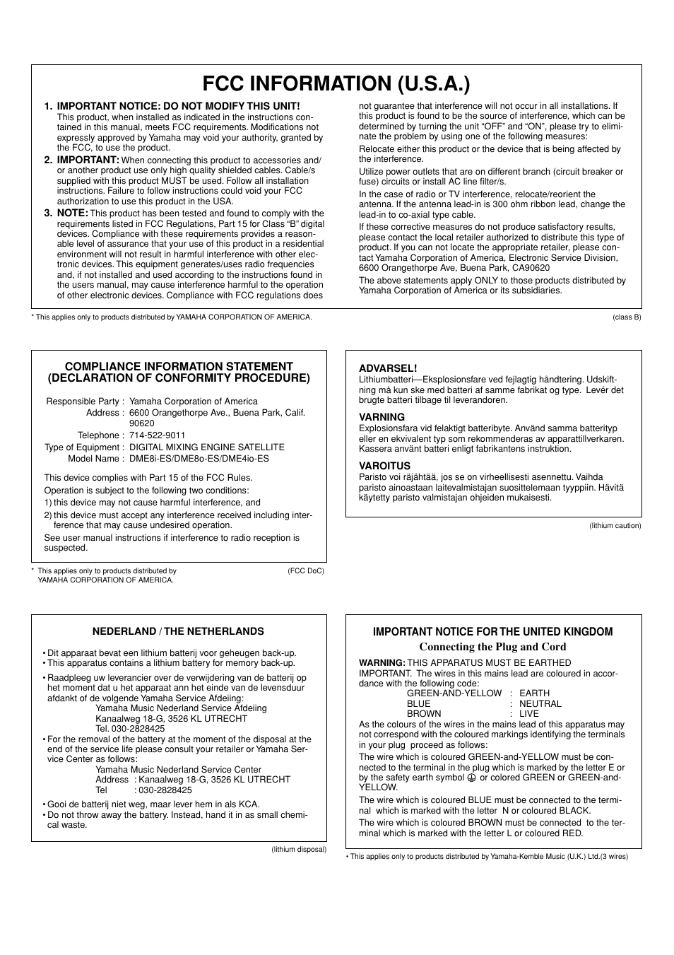 Fcc information (u.s.a.) | Yamaha DME8i-ES User Manual | Page 3 / 48