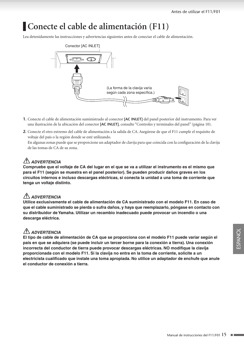 Conecte el cable de alimentación (f11), Págs. 15, 16 | Yamaha F11 User Manual | Page 15 / 78