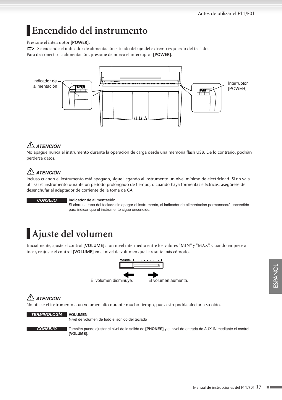 Encendido del instrumento, Ajuste del volumen, Encendido del instrumento ajuste del volumen | P. 17 | Yamaha F11 User Manual | Page 17 / 78