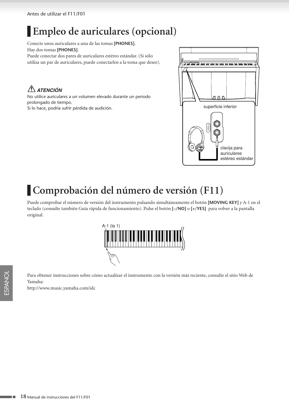Empleo de auriculares (opcional), Comprobación del número de versión (f11), P. 18 | Yamaha F11 User Manual | Page 18 / 78