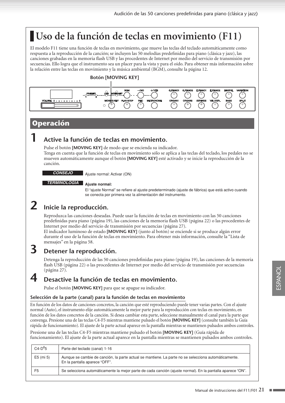 Uso de la función de teclas en movimiento (f11), Uso de la función de teclas en movimiento, F11) | P. 21, Operación | Yamaha F11 User Manual | Page 21 / 78