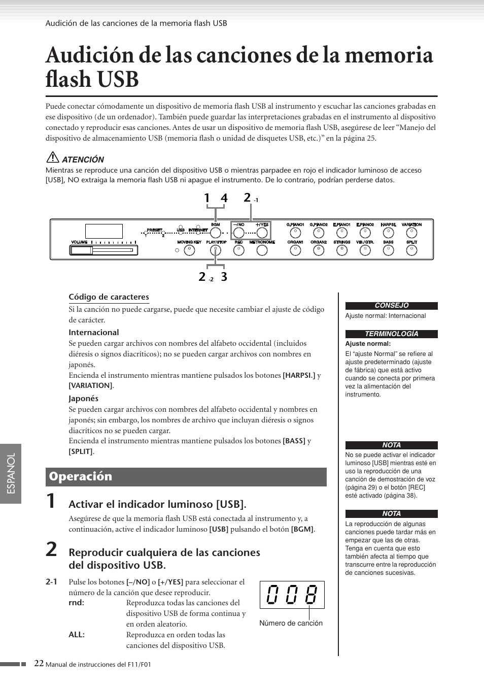 Audición de las canciones de la memoria flash usb, Audición de las canciones de la memoria, Flash usb | P. 22, Operación | Yamaha F11 User Manual | Page 22 / 78