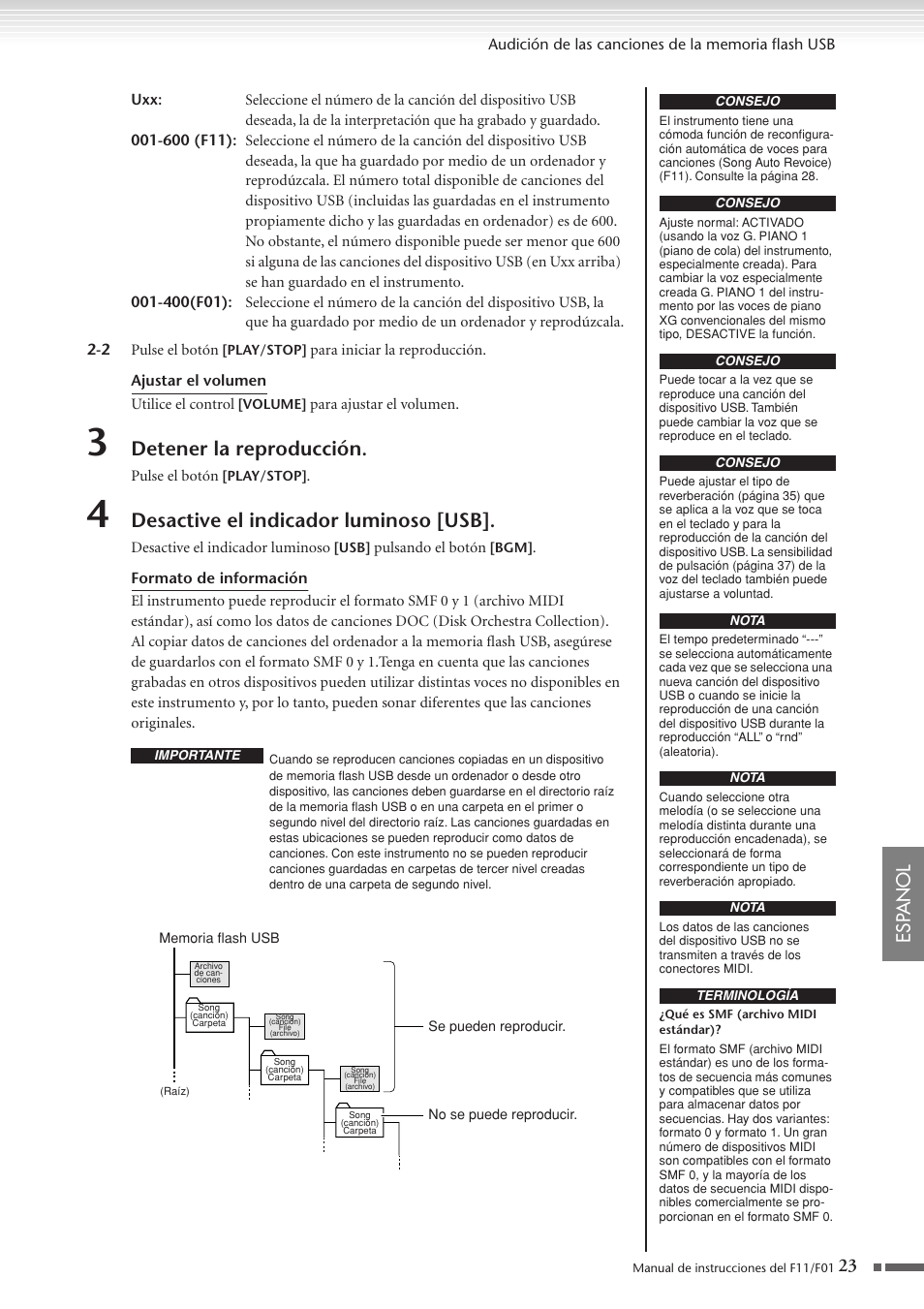 Detener la reproducción, Desactive el indicador luminoso [usb, Esp anol | Yamaha F11 User Manual | Page 23 / 78