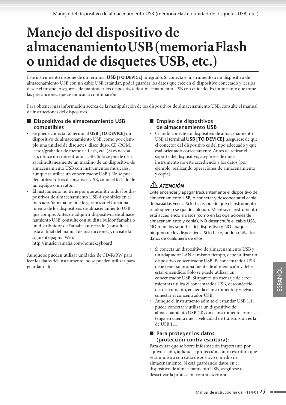 Manejo del dispositivo de almacenamiento | Yamaha F11 User Manual | Page 25 / 78
