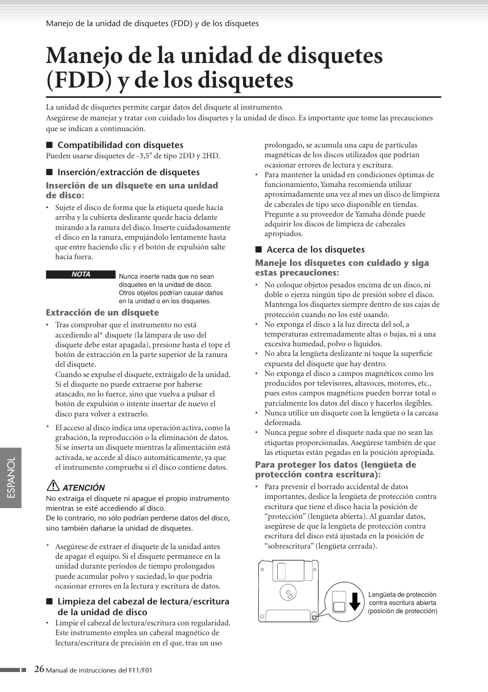 Manejo de la unidad de disquetes (fdd), Y de los disquetes | Yamaha F11 User Manual | Page 26 / 78