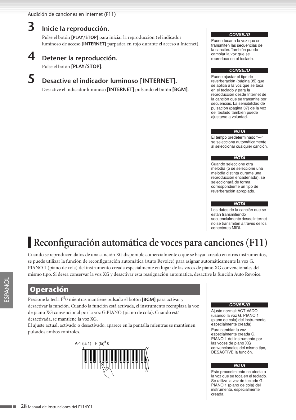 Reconfiguración automática de voces para, Canciones (f11), Operación | Yamaha F11 User Manual | Page 28 / 78