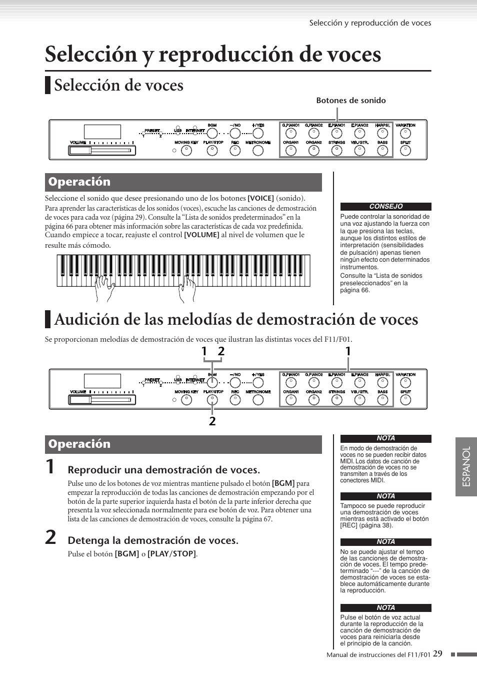 Selección y reproducción de voces, Selección de voces, Audición de las melodías de demostración de voces | Audición de las melodías de demostración, De voces, P. 29, Operación | Yamaha F11 User Manual | Page 29 / 78