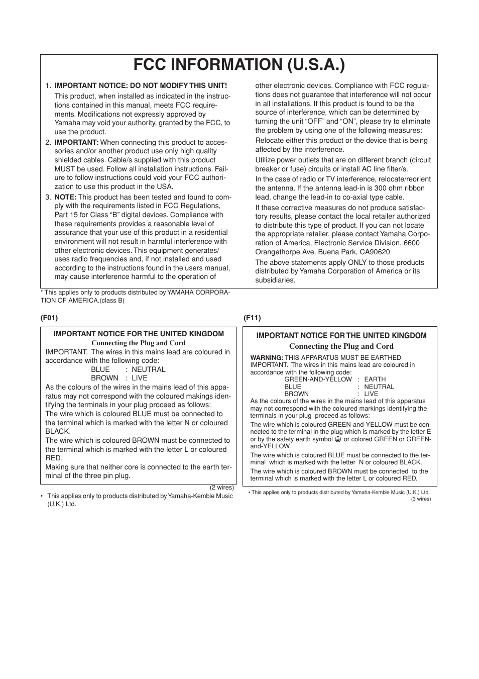 Fcc information (u.s.a.) | Yamaha F11 User Manual | Page 3 / 78
