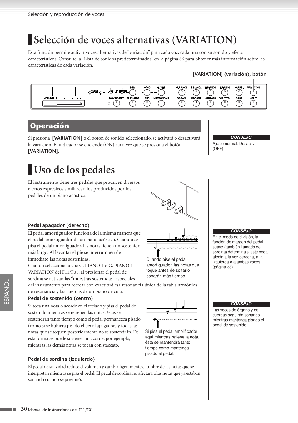 Selección de voces alternativas (variation), Uso de los pedales, P. 30 | Operación | Yamaha F11 User Manual | Page 30 / 78