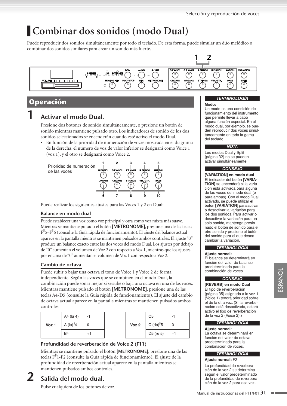 Combinar dos sonidos (modo dual), Operación, Activar el modo dual | Salida del modo dual, Esp anol | Yamaha F11 User Manual | Page 31 / 78