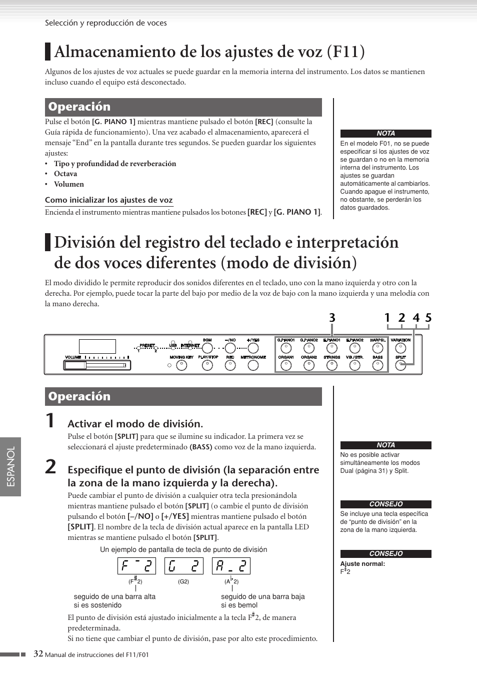 Almacenamiento de los ajustes de voz (f11), P. 32 | Yamaha F11 User Manual | Page 32 / 78