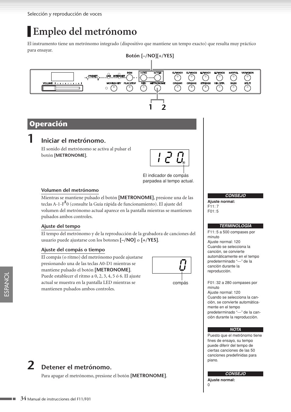 Empleo del metrónomo, P. 34, Operación | Yamaha F11 User Manual | Page 34 / 78