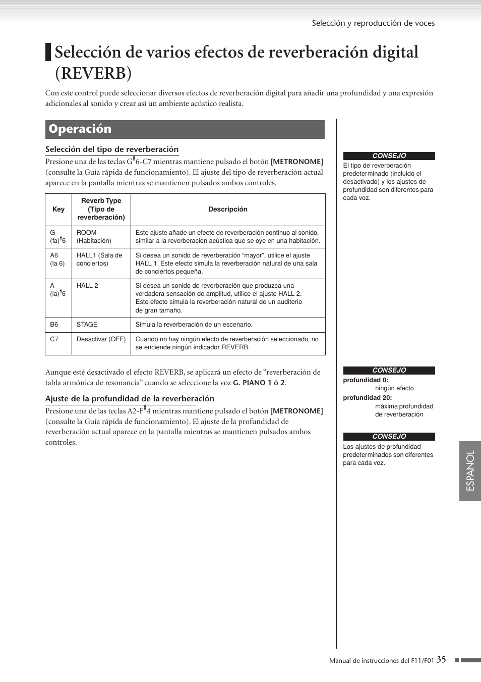Selección de varios efectos de reverberación, Digital (reverb), Operación | Esp anol | Yamaha F11 User Manual | Page 35 / 78