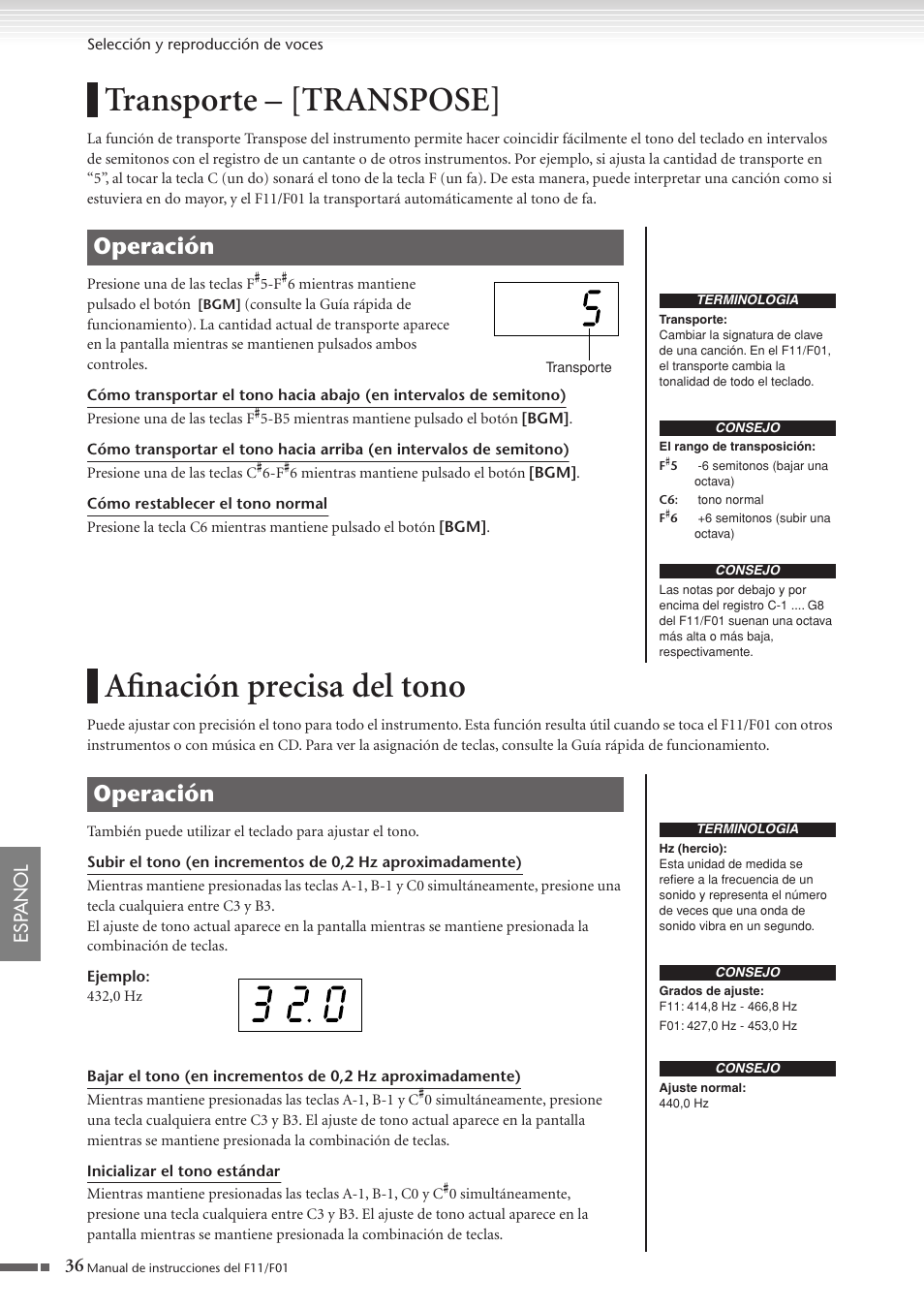 Transporte - [transpose, Afinación precisa del tono, Transporte – [transpose | Operación, 36 esp anol | Yamaha F11 User Manual | Page 36 / 78