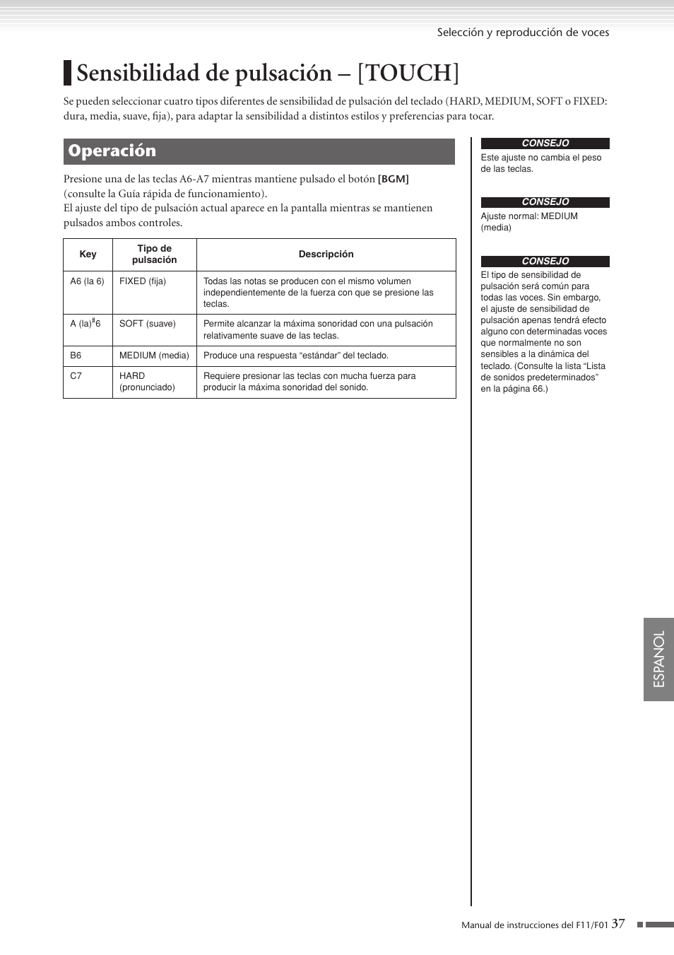 Sensibilidad de pulsación - [touch, Sensibilidad de pulsación – [touch, Operación | Esp anol | Yamaha F11 User Manual | Page 37 / 78