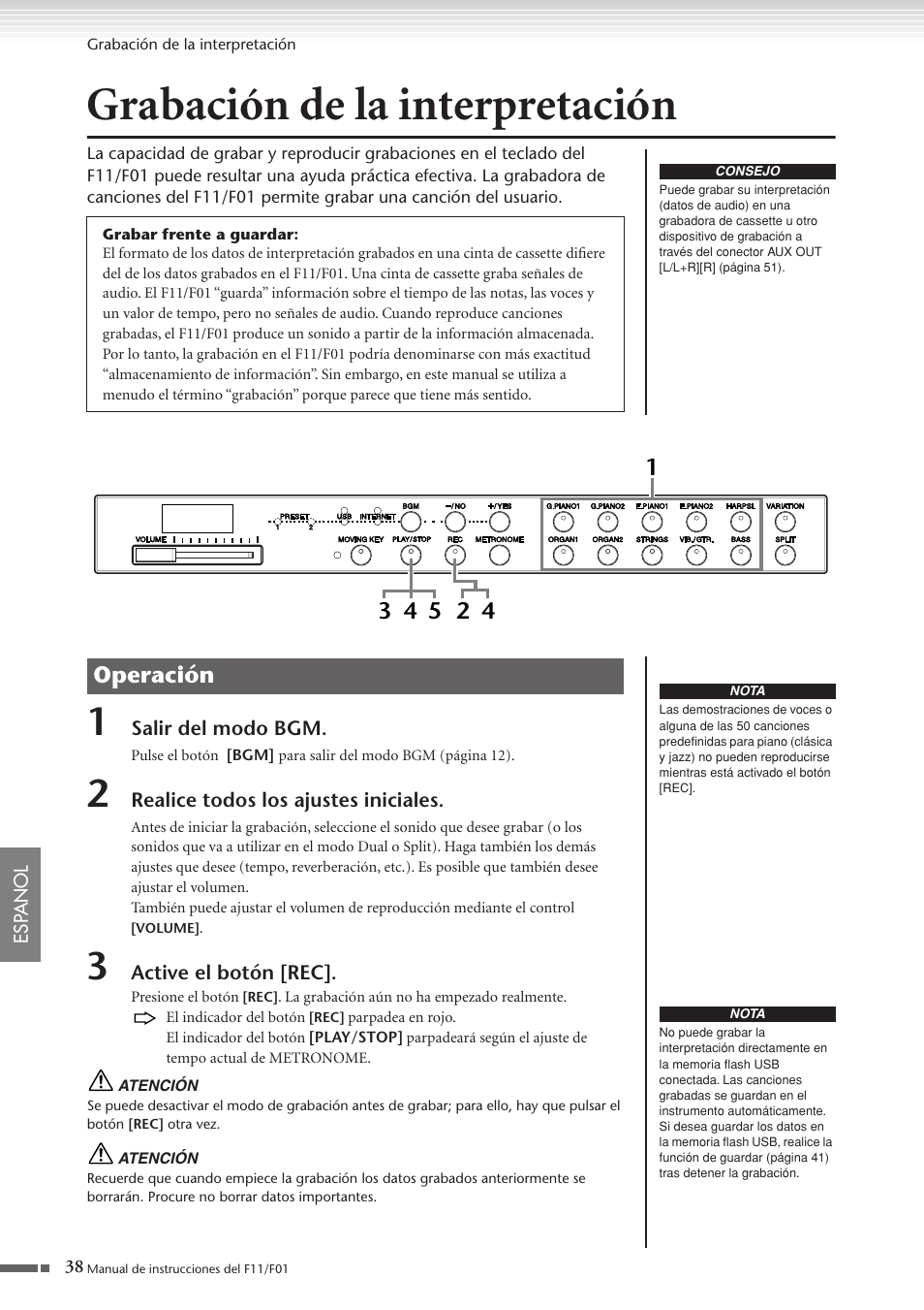 Grabación de la interpretación, P. 38, Operación | Yamaha F11 User Manual | Page 38 / 78
