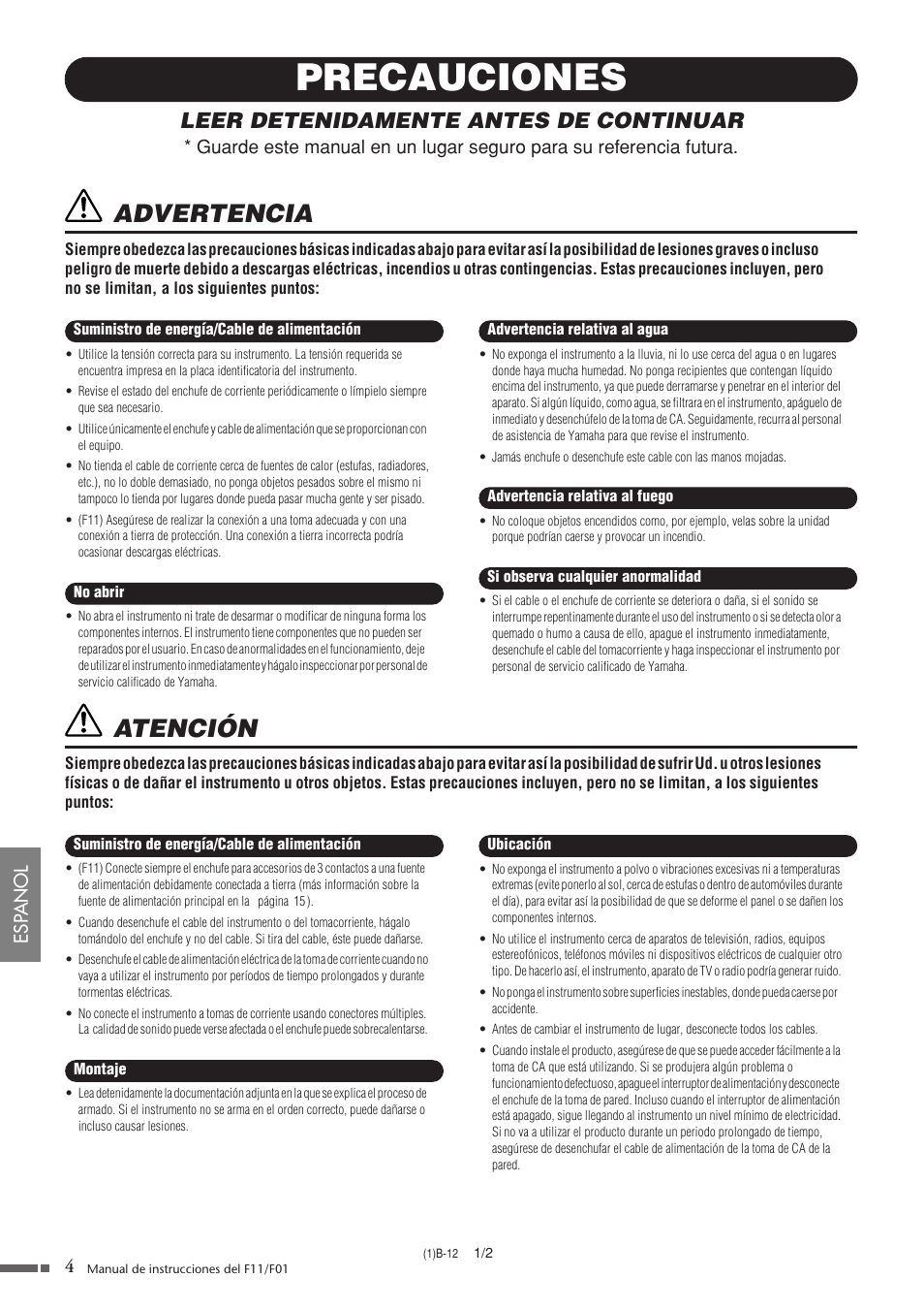 Precauciones, Advertencia, Atención | Leer detenidamente antes de continuar, 4esp anol | Yamaha F11 User Manual | Page 4 / 78