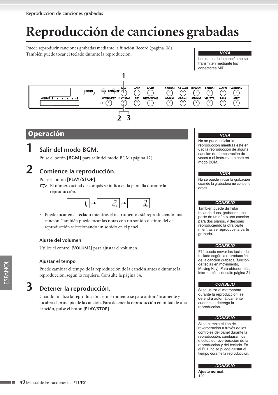 Reproducción de canciones grabadas, Operación | Yamaha F11 User Manual | Page 40 / 78