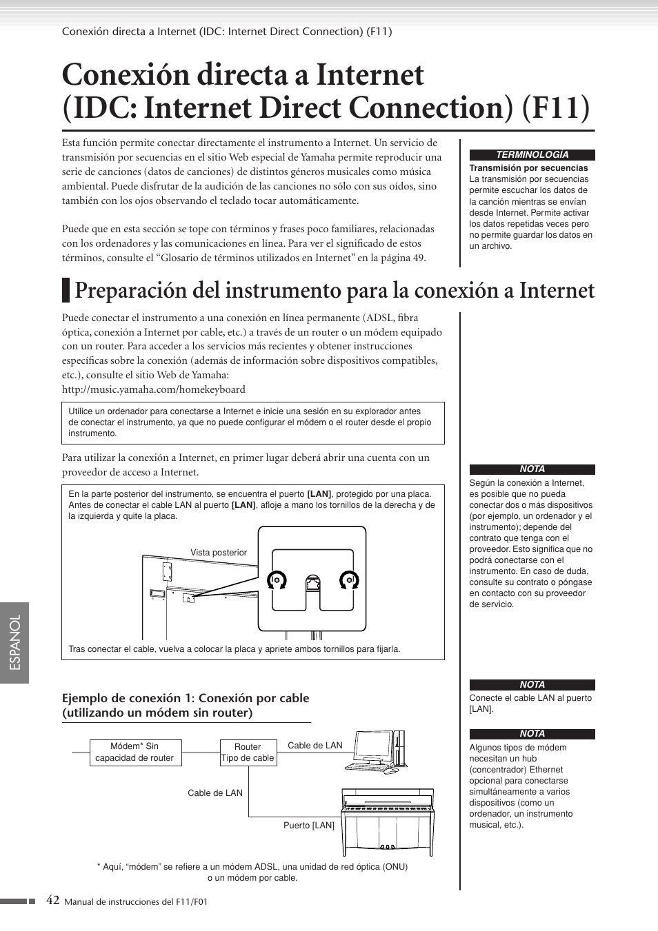 Conexión directa a internet (idc: internet, Direct connection) (f11), Preparación del instrumento para la conexión | A internet, 42 esp anol | Yamaha F11 User Manual | Page 42 / 78