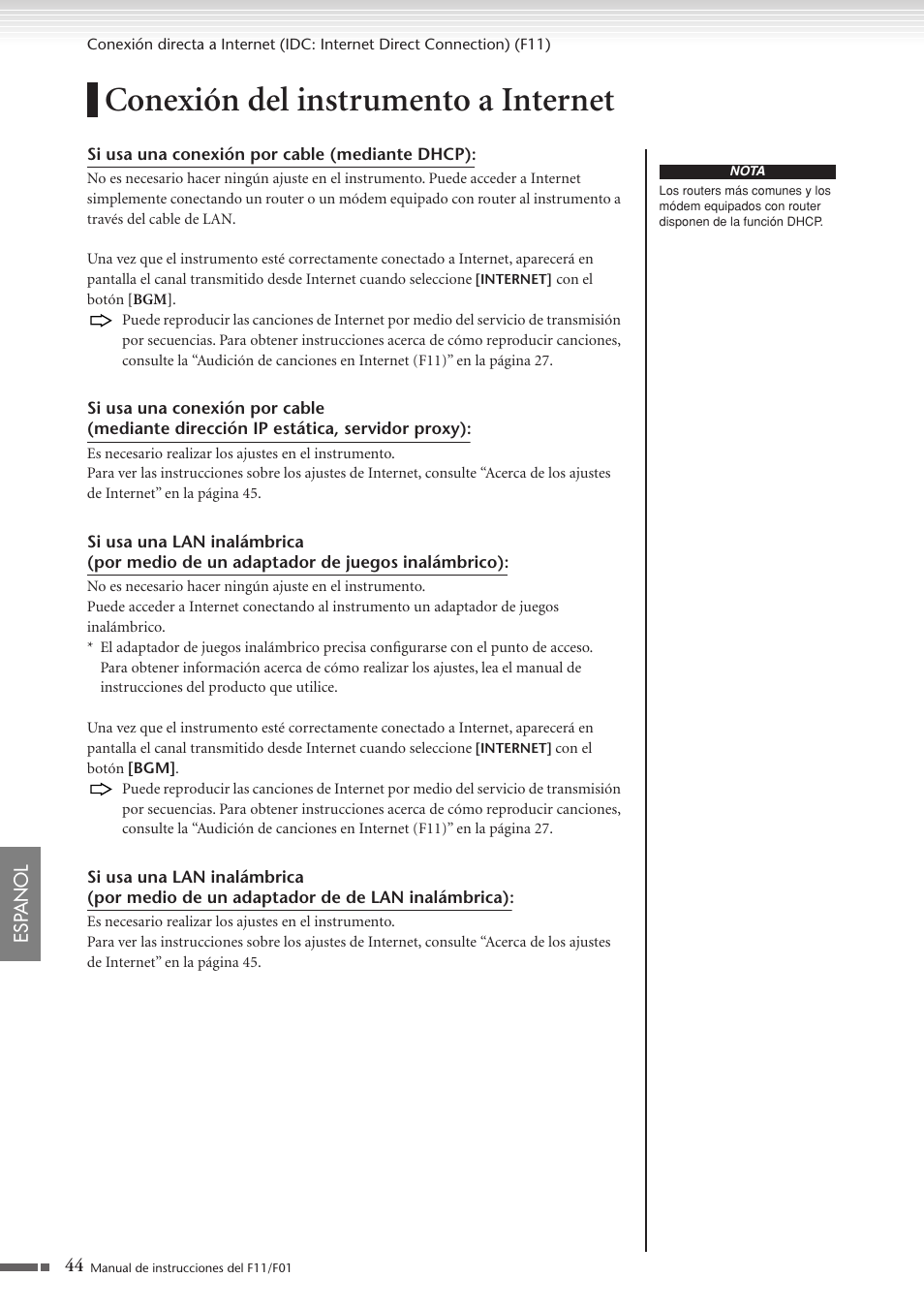 Conexión del instrumento a internet | Yamaha F11 User Manual | Page 44 / 78