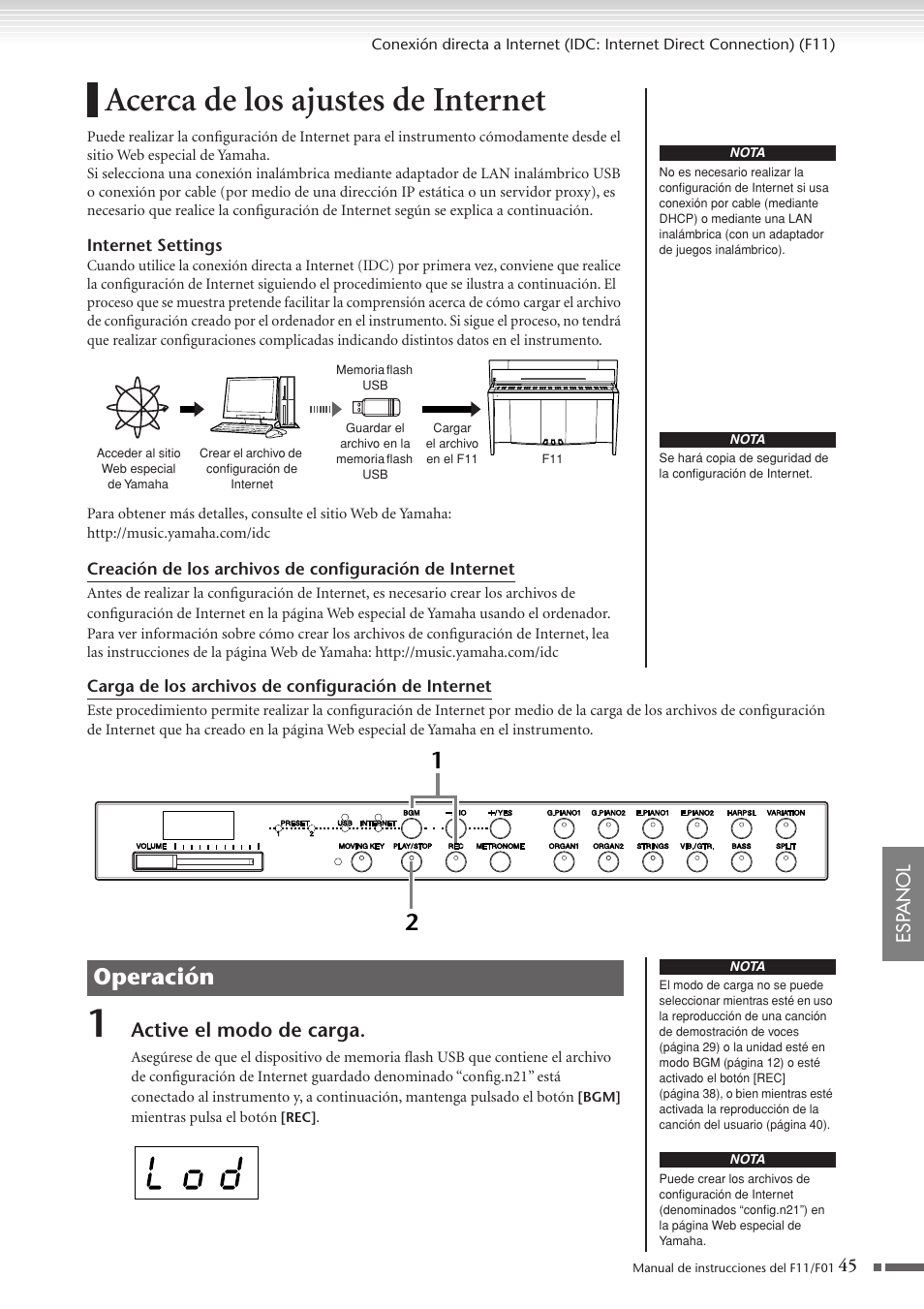 Acerca de los ajustes de internet, Operación, Active el modo de carga | Yamaha F11 User Manual | Page 45 / 78