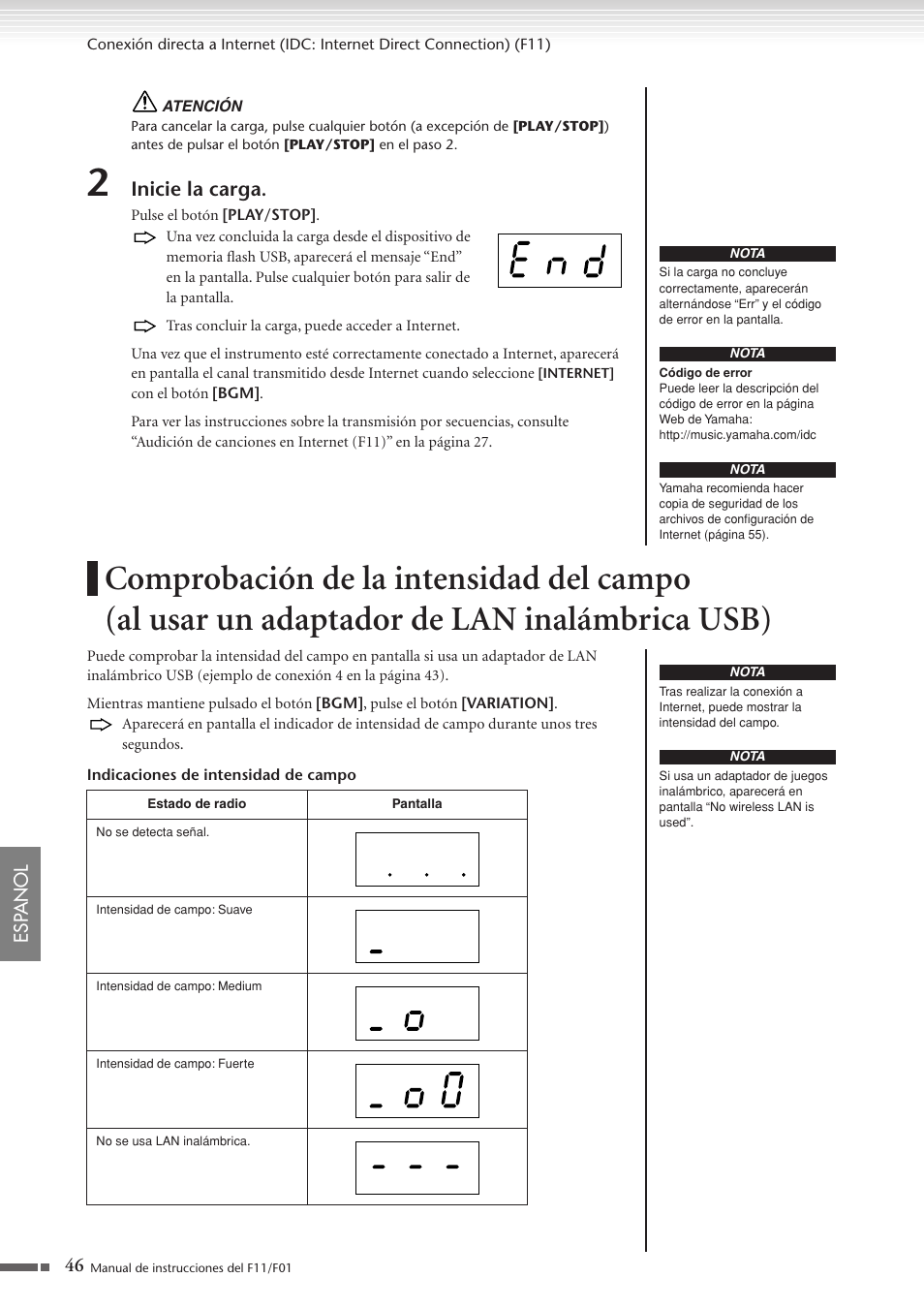 Comprobación de la intensidad del campo, Al usar un adaptador de lan inalámbrica usb), Inicie la carga | Yamaha F11 User Manual | Page 46 / 78
